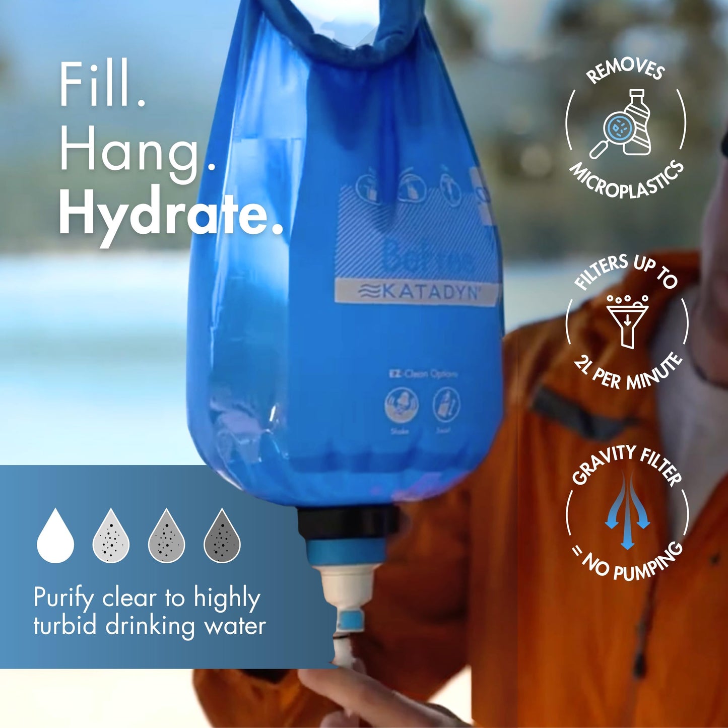Katadyn BeFree Gravity Water Filter 10L for Base Camp, Large Groups & Emergency Preparedness | 0.1 Micron Hollow Fiber Filter Removes Bacteria & Protozoa, 1,000L Capacity, BPA-Free