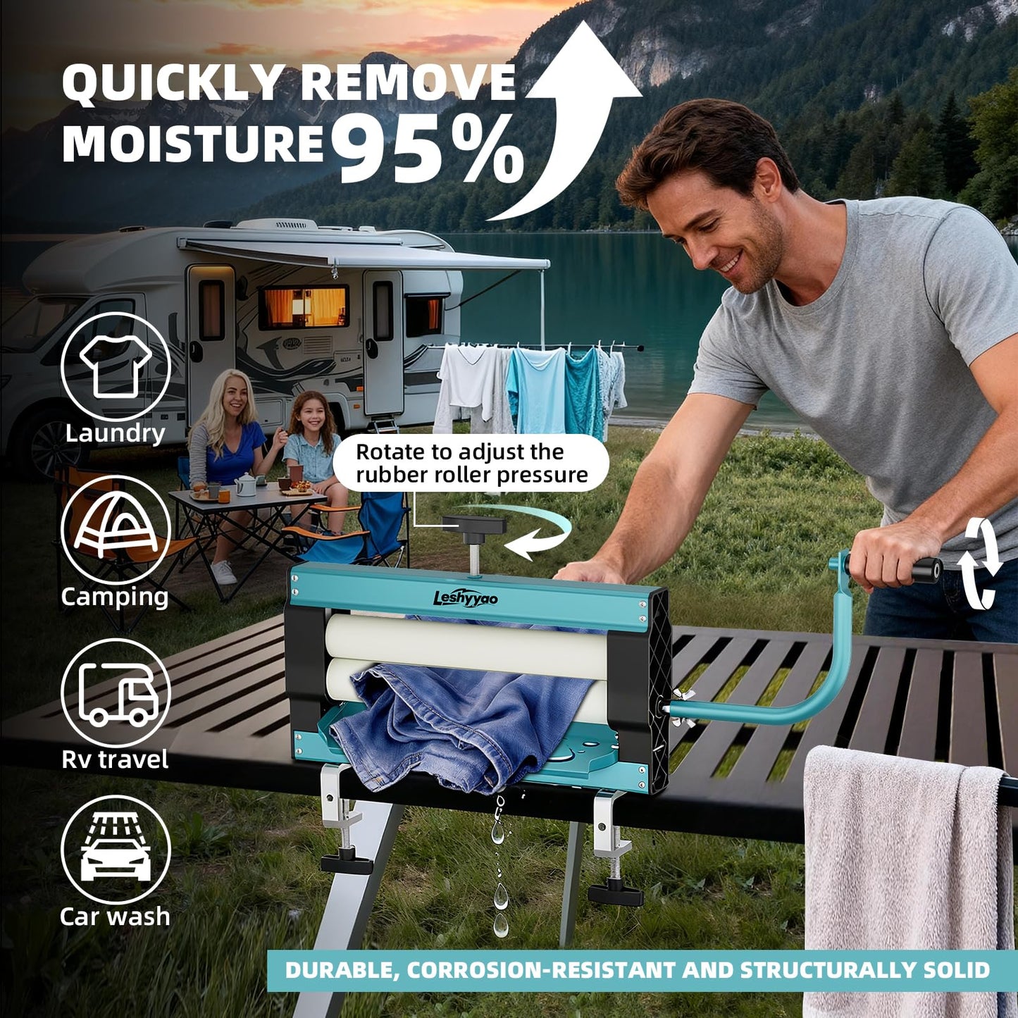 Clothes Wringer - Manual Hand-Crank Rotary Heavy-Duty Dryer with Thick Drum to Remove Moisture from Towels, Jeans, and Suede - Portable for Off-Grid, RV Camping, Emergency Prep