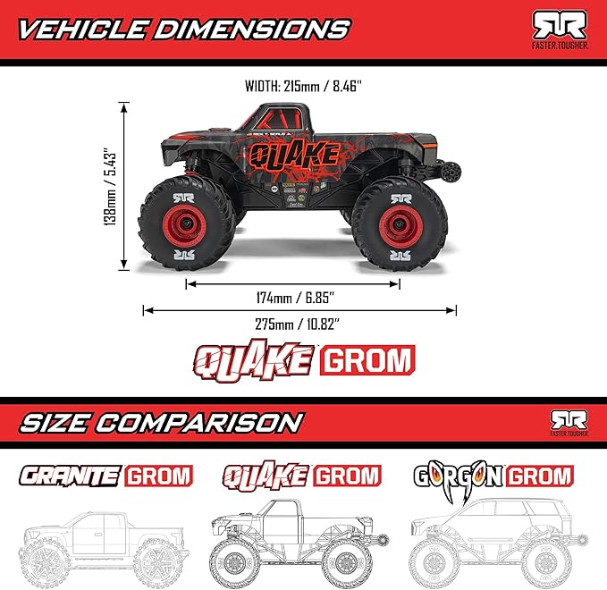 ARRMA RC Truck 1/16 Quake GROM 4X4 RTR Brushed Monster Truck (Battery &amp Charger Included) Red ARA2137T1