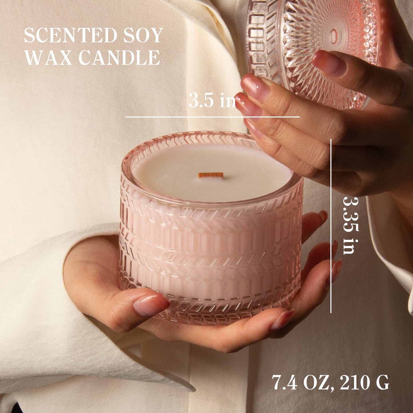 HIDDEN LABEL Sandalwood Rose Scented Candle, 7.4 oz Soy Wax Wood Wick Candle, 55Hours Clean Burn,Pink Decorative Jar Candle for Home, Bedroom, Bathroom, Gifts for Women