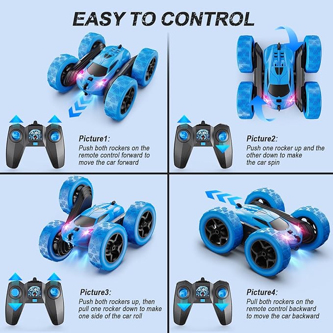 Remote Control Car RC Cars Toys for Kids Ages 6-12 4WD Stunt Car with LED Lights &amp 360° Flips 2.4GHz Upgraded USB-C Modular Batteries 8-10 Year Old Boys Birthday Gift 1-Blue