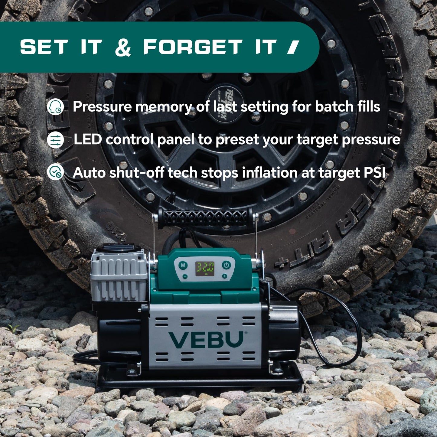 VEBU ‌RV Air Compressor 12V Tire Inflator, 150PSI with Auto Shut-off, Digital Display & Preset, 5.65CFM Fast Inflation for Off-road Vehicles, Trucks, SUVs, RVs, ATVs, Corded Electric