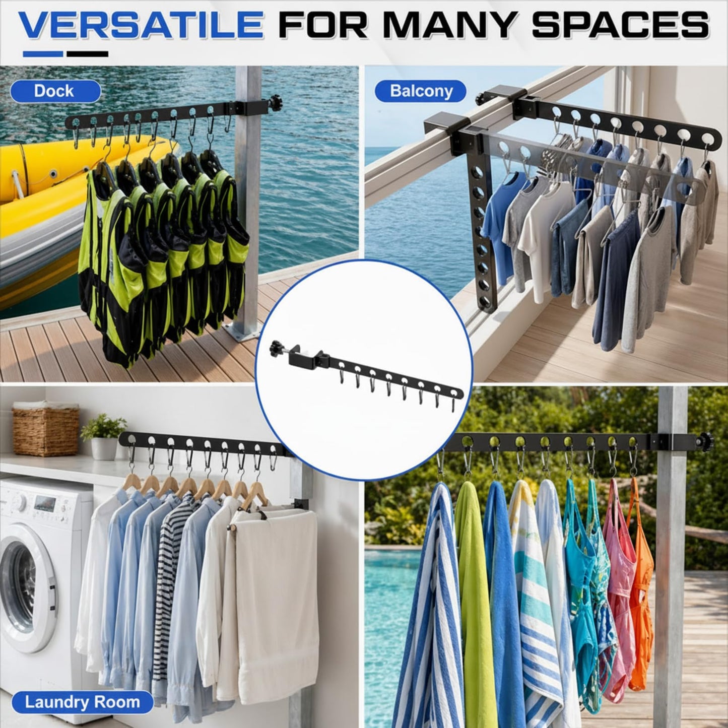 Sintuff Life Vest Holder Aluminum Drying Rack Holds up to 8 Life Vests Wetsuit Hanger Vest Hanger Collapsible Dock Organizer for Pfds & Floats, Fits a 0.67-2.56 in Square Post, No-Drill Installation
