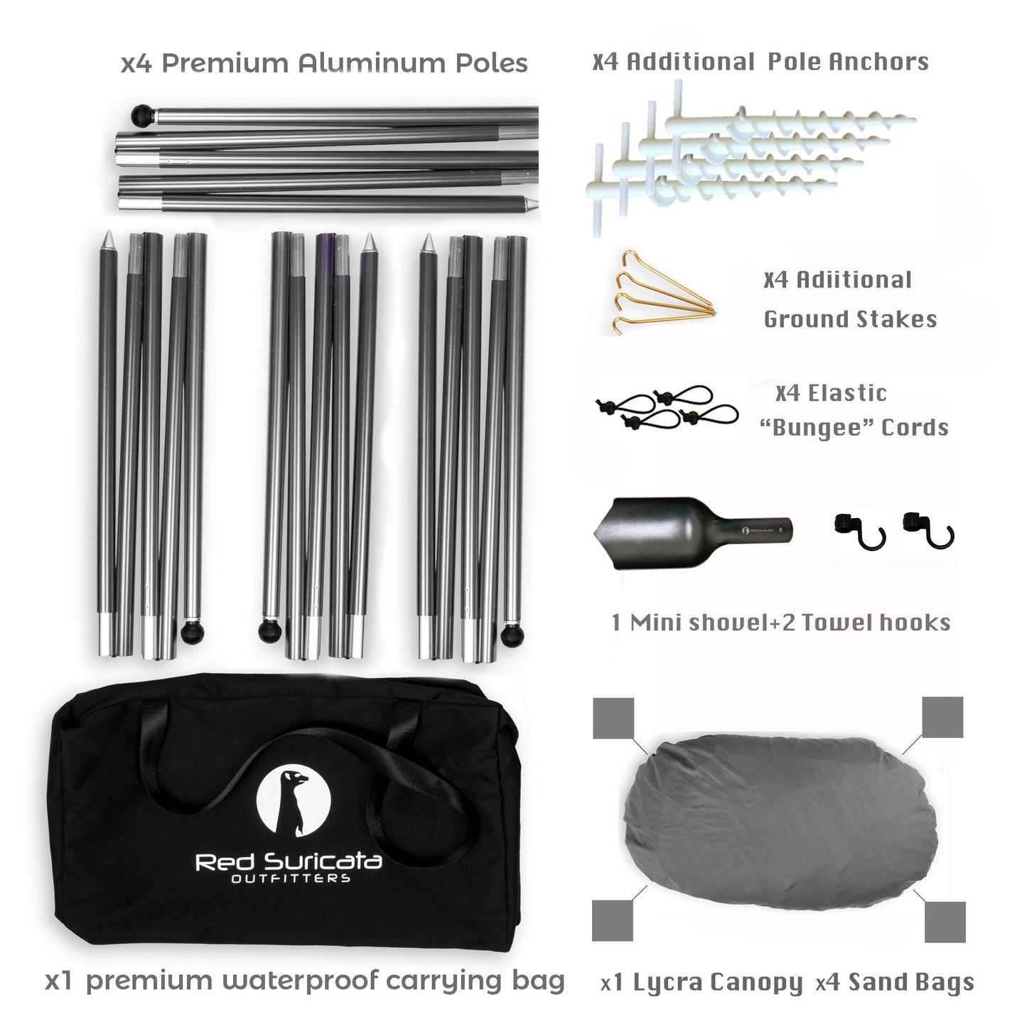 Red Suricata Family Beach Tent & Beach Canopy, UPF50 Sun Beach Shade, Sunshade with 4 Aluminum Poles, 4 Pole Anchors & Sand Shovel, Medium & Portable Sun Shelter Tarp (Medium, Grey)