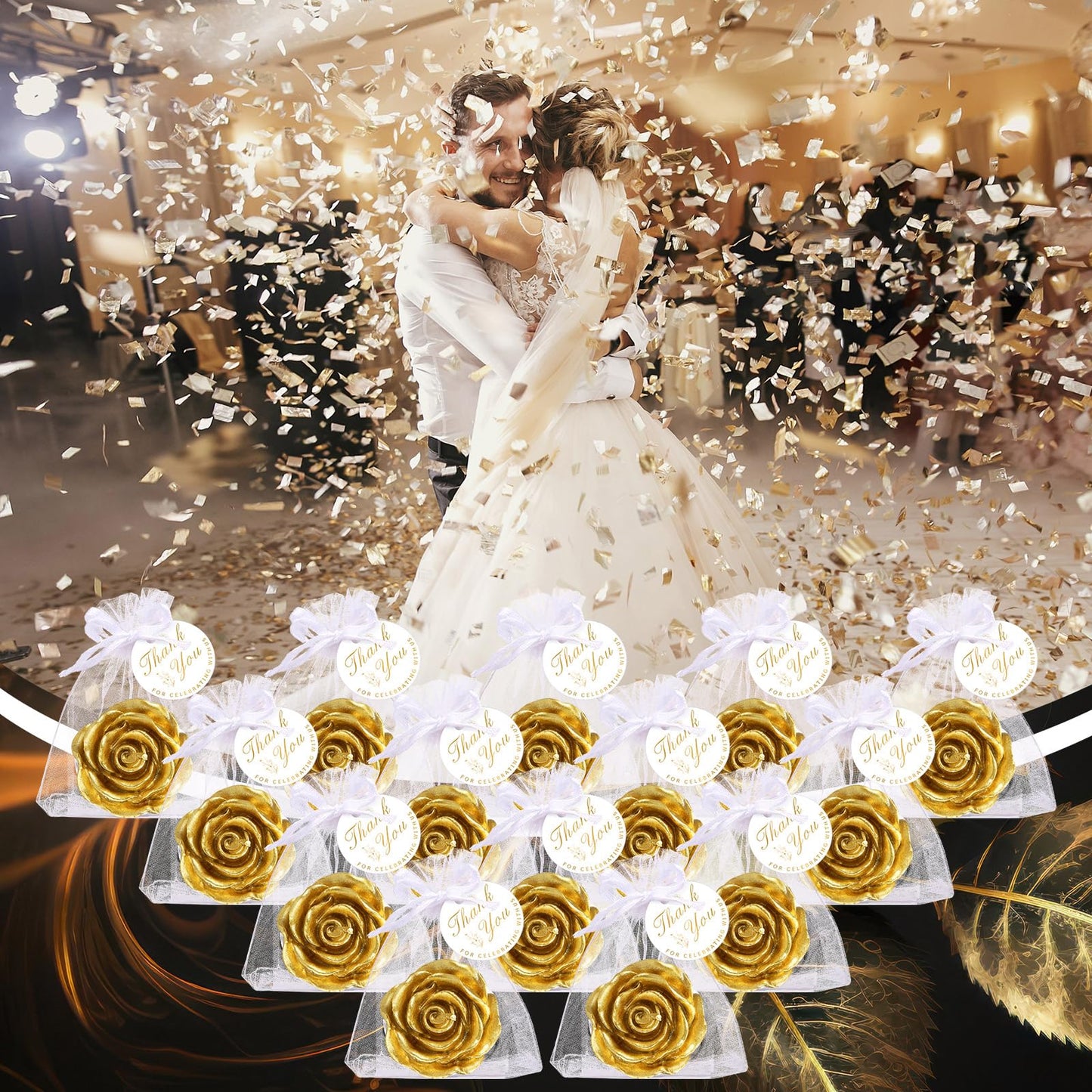 Treela 50 Set Flower Candles Wedding Favor for Guests Mini Gold Rose Shaped Tealight Candles for Return Gift Wedding Birthday Bridal Shower Housewarming Party