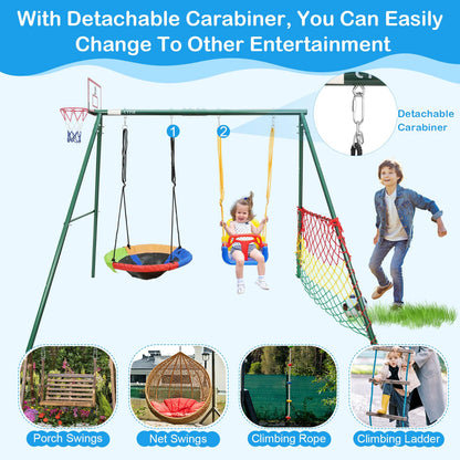 CYFIE Swing Sets for Backyard, 7-in-1 Kids Swing Set and Saucer Swing, Outdoor 440lbs Heavy Duty Metal Frame Stand, Basketball Hoop and Soccer Goal, Toddler Playset for Backyard, Playground
