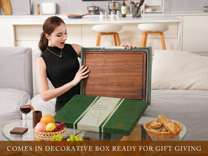 AZRHOM XL Large Walnut Wood Cutting Board for Kitchen 20x15 (Gift Box) with Juice Groove Handles Non-slip Mats Thick Reversible Butcher Block Chopping Board