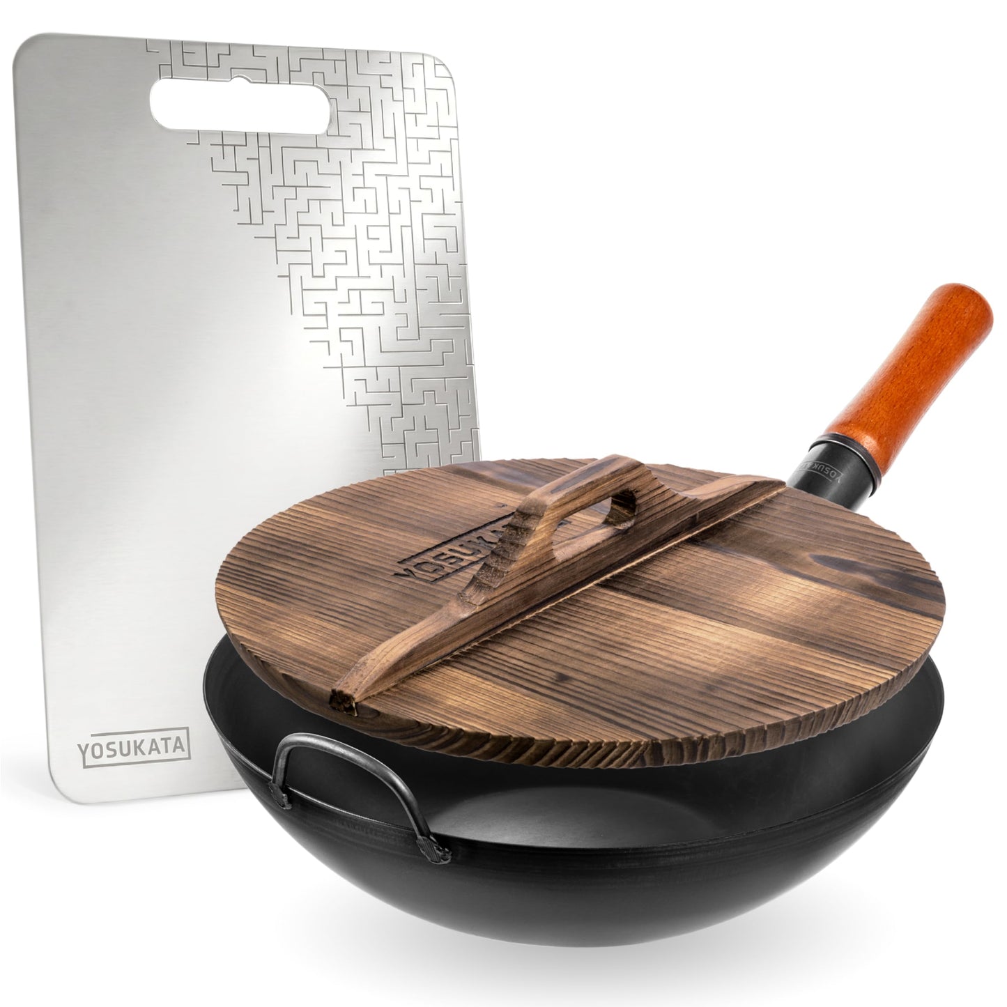 YOSUKATA 13.5" Carbon Steel Wok Pan + Premium Wok Cover 13.2" for Wok 13.5" + Stainless Steel Cutting Board 14.6x10 Inch