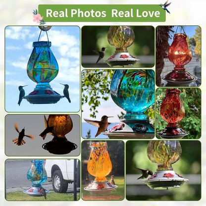 BOLITE Hummingbird Feeder - Hand Blown Glass with 5 Bee-Proof Ports & Ant Moat | 22oz Blue Outdoor Decor