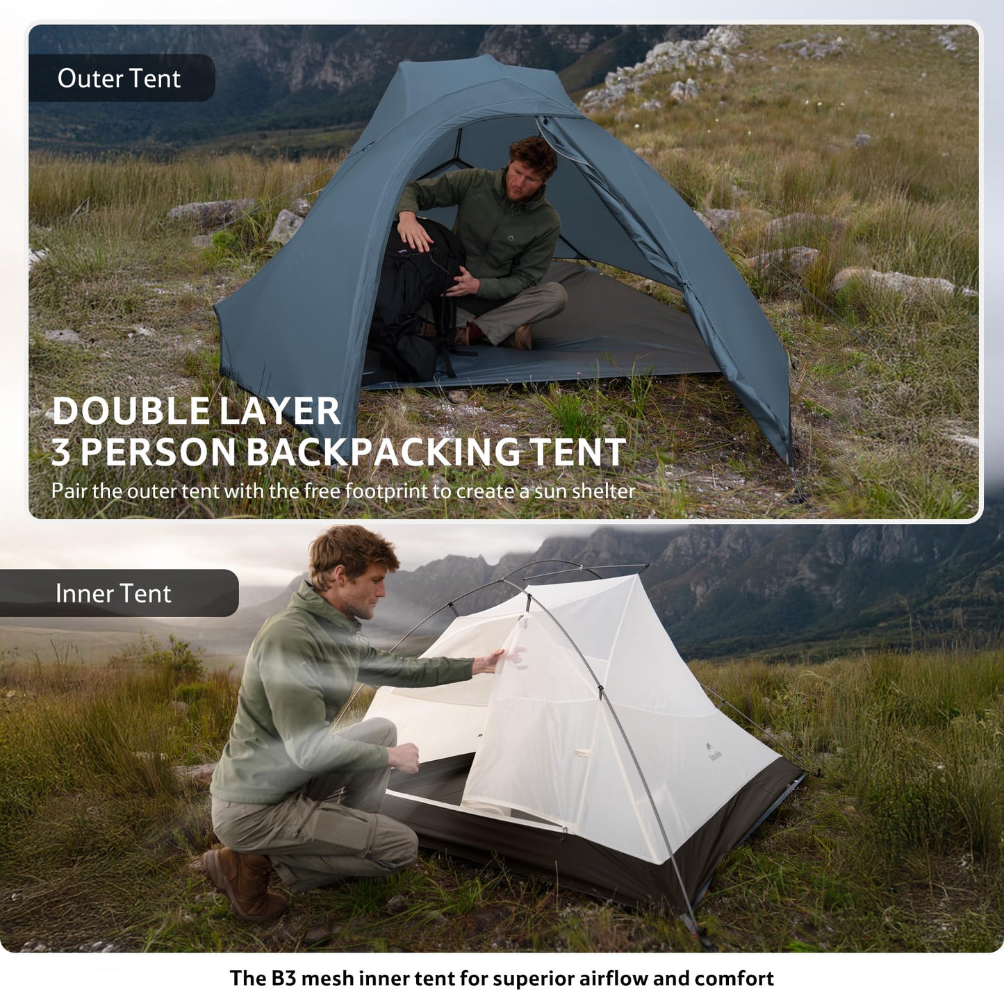 Naturehike Cloud Up 3 Person Backpacking Tent with Footprint - 3 Season Free Standing Lightweight 3 Person Camping Tent | with Footprint, Free Standing, Dome, Camping, Hiking, Waterproof