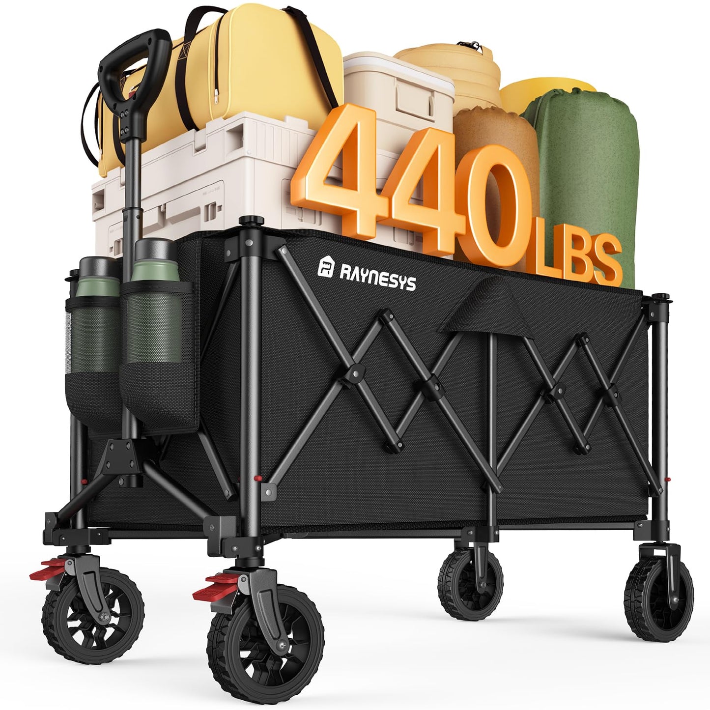 Raynesys Collapsible Foldable Wagons, 440lbs Capacity Wagons Carts Foldable with All-Terrain Wheels, Heavy Duty Utility Wagon Carts with Brakes for Camping, Sports, Shopping, Grocery, Black