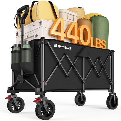 Raynesys Collapsible Foldable Wagons, 440lbs Capacity Wagons Carts Foldable with All-Terrain Wheels, Heavy Duty Utility Wagon Carts with Brakes for Camping, Sports, Shopping, Grocery, Black