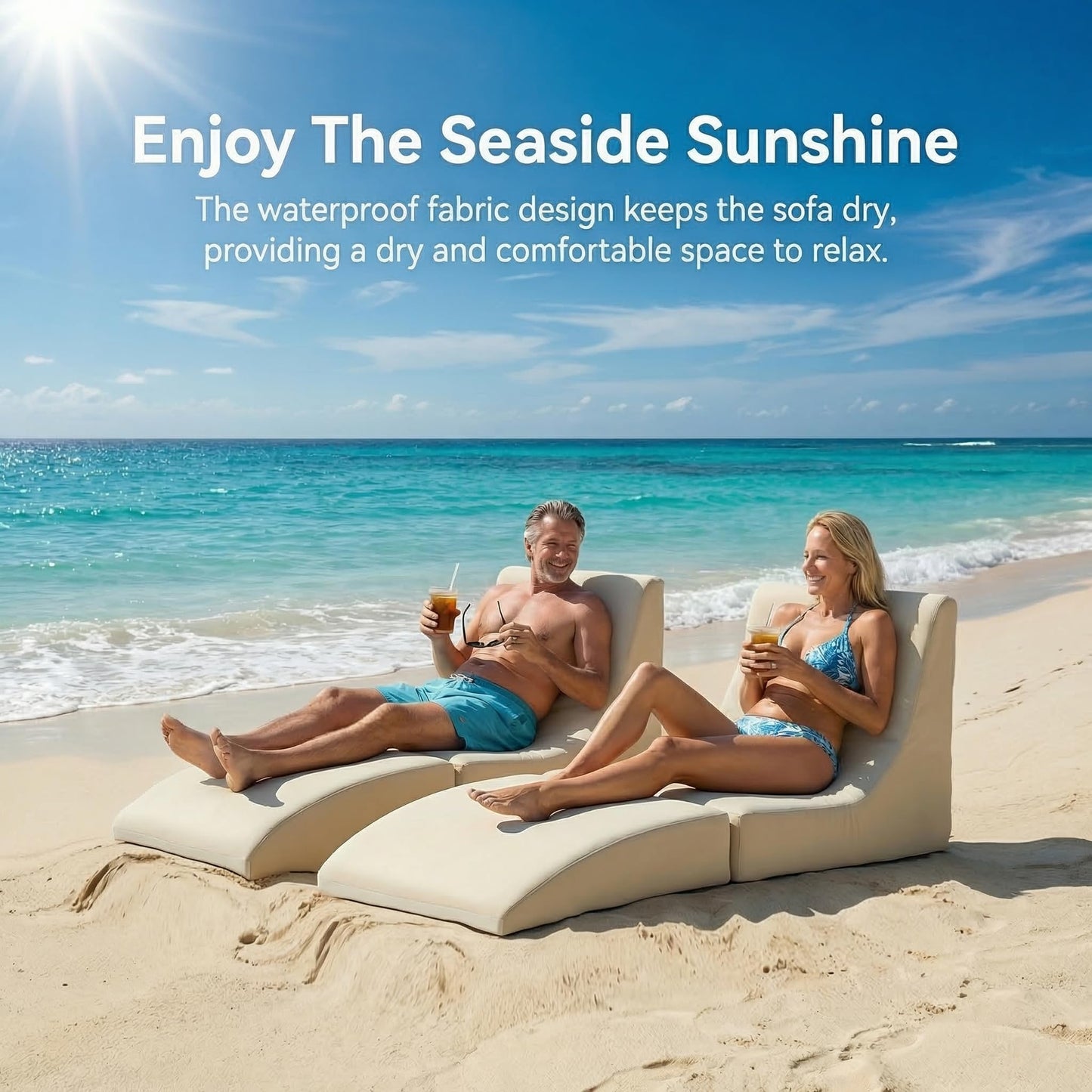 ZealWe Bean Bag Chair Set of 2 Outdoor Patio Lounge Chair with Back Support, Chaise Lounge Chair Waterproof Beach Bean Bag Couch for Adults, Memory Foam Filled for Poolside Balcony, Beige