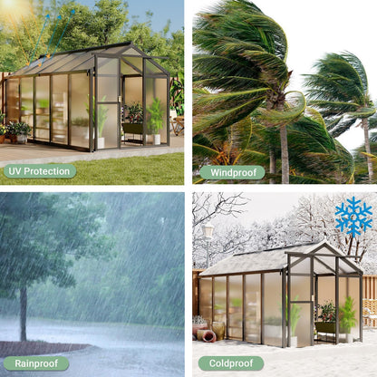 6x10 FT Greenhouse for Outdoors, Polycarbonate Greenhouse with Roof Vent, Ground Nails, Lockable Push Door, Aluminum Large Walk-in Green House for Outside Garden Backyard, Patio, Lawn, Black