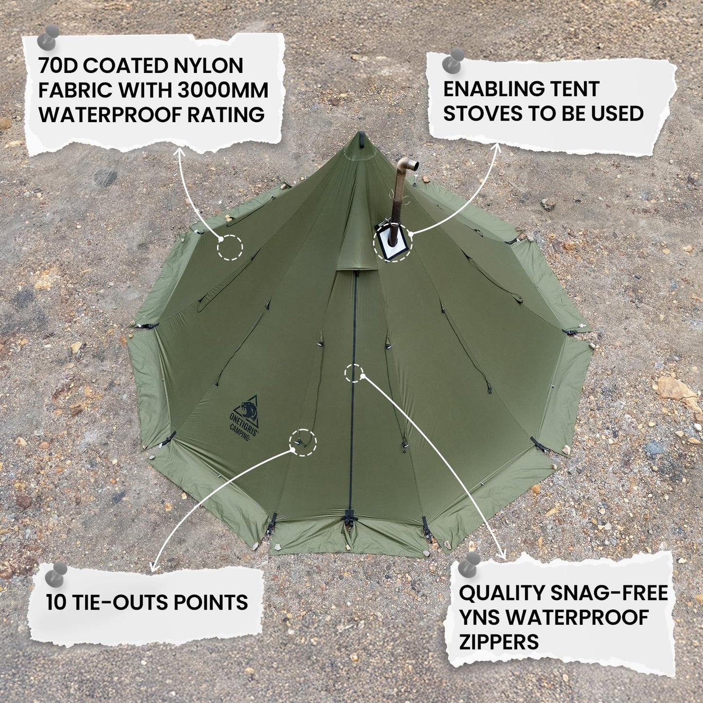 OneTigris Rock Fortress Hot Tent with Stove Jack, 4 Season, 4-6 Person Tipi for Camping, Backpacking, Hunting, Fishing - Waterproof, Wind-Proof