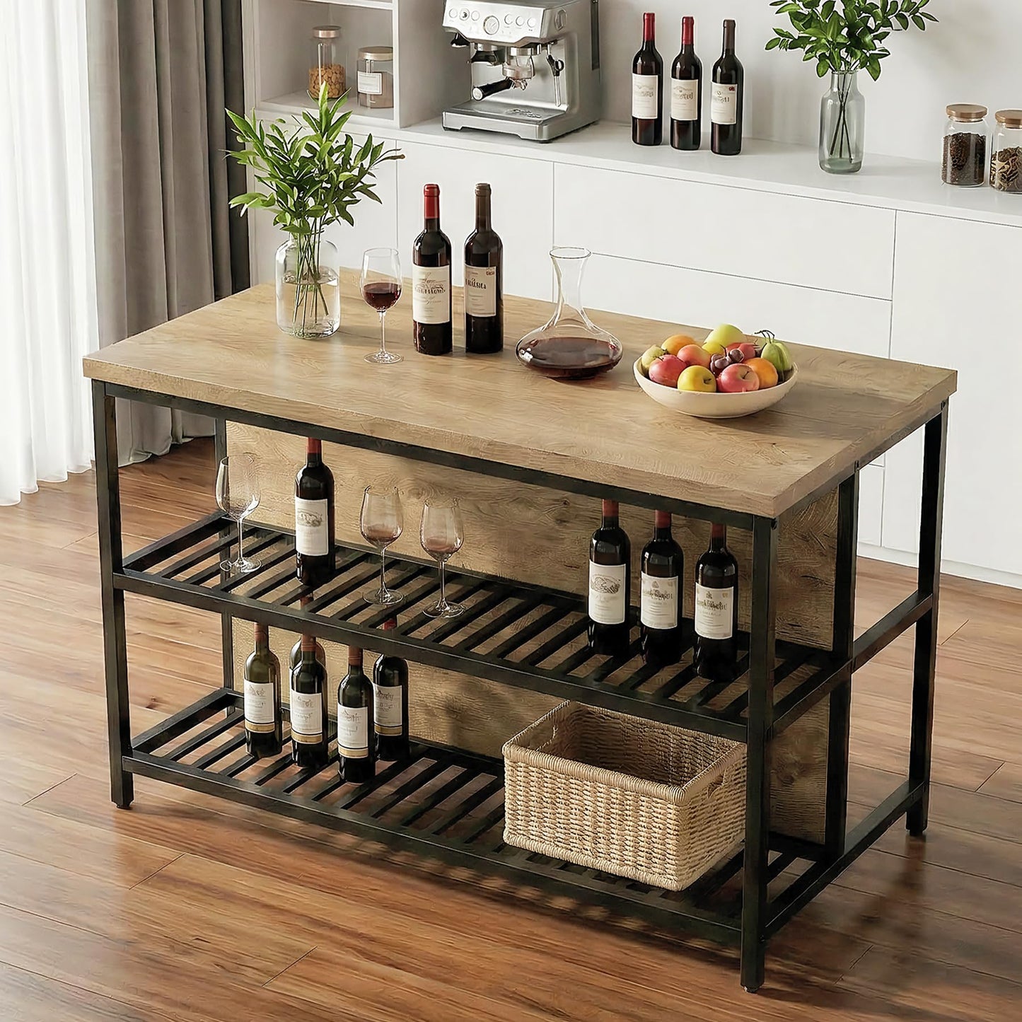 LITTLE TREE 55-Inch Kitchen Island Table with Storage, 3-Tier Stationary Center Island Table with Metal Base, Farmhouse Rustic Kitchen Island, Brown