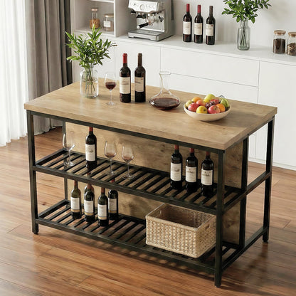 LITTLE TREE 55-Inch Kitchen Island Table with Storage, 3-Tier Stationary Center Island Table with Metal Base, Farmhouse Rustic Kitchen Island, Brown