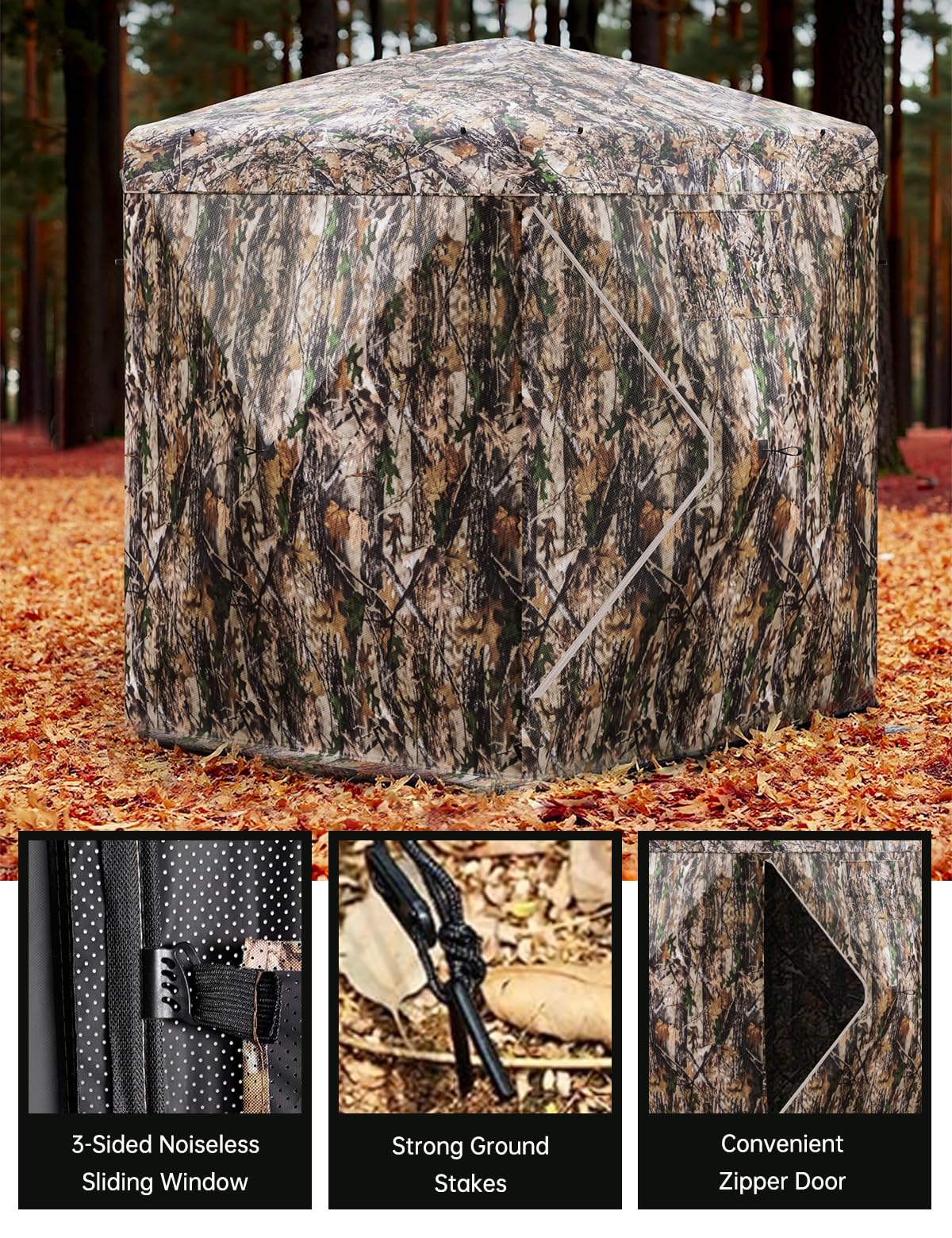 270° Camouflage Hunting Blind Portable Pop-Up Tent with Shoot-Through Mesh, Waterproof Ground Blind for Deer Hunting, 2-3 & 3-4 Person Capacity & Carry Bag (3-4 Person)