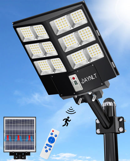 JAYNLT Y-2000W Solar Street Light, 200000LM 6500K Solar Flood Lights Outdoor Dusk to Dawn, 6500K IP67 Waterproof Parking lot Light Outdoor with Motion Sensor and Remote Control for Garage, Road