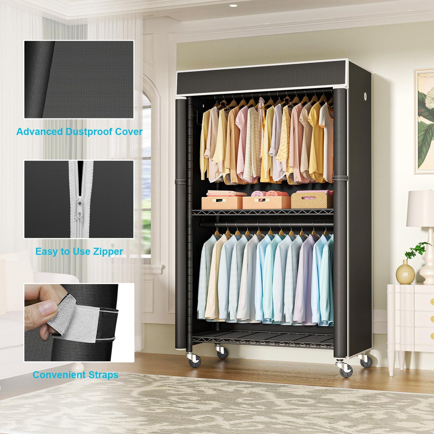FUTASSI P1 and P1C Black Garment Rack Bundle, Rolling Closet Rack with Wheels, Metal Garment Rack for Hanging Clothes, Clothing Storage Wardrobe, Load 450 Pounds