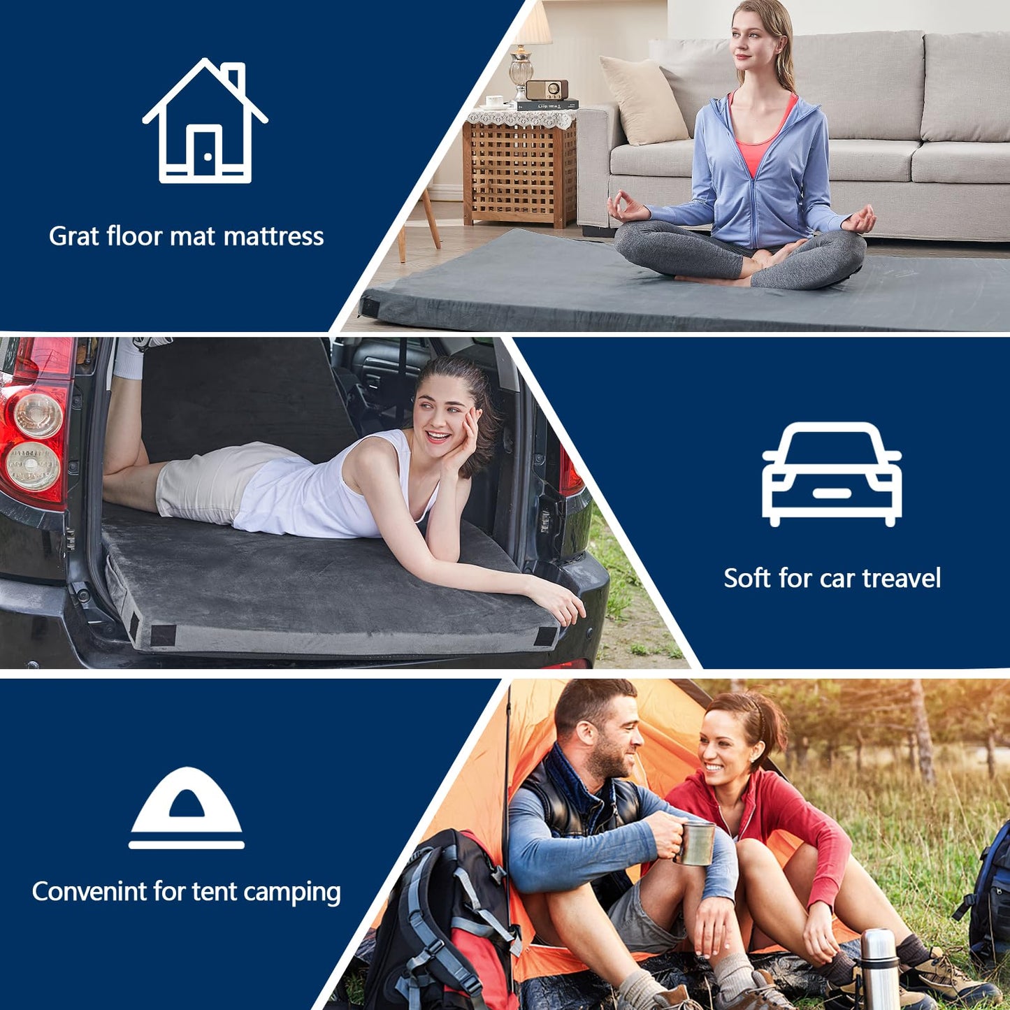 CYMULA CertiPUR-US Memory Foam Camping Mattress 2 Person, Portable Foam Sleeping Pad for Camping, Roll up Sleeping Mat for Adults Guest Floor Bed for Sleepover, Car, Tent SUV Mattress