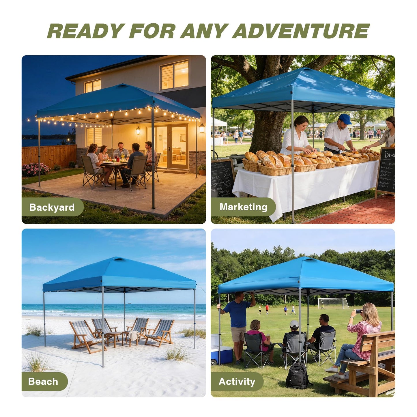 HYPER VENTURE 10x10ft Pop Up Canopy Tent with One Push Setup, Portable Outdoor Event Shelter with Rolling Carry Bag for Camping, Beach, Market, Patio (Blue)
