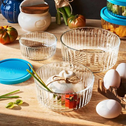 Bormioli Rocco Exclusiva Glass Bowl Set of 3 – 7", 6", 4.75" Stackable Serving Bowls for Snacks, Chips, Dips & Salads – Decorative 3-Size Clear Tableware Collection, Dishwasher Safe, Light-Reflective