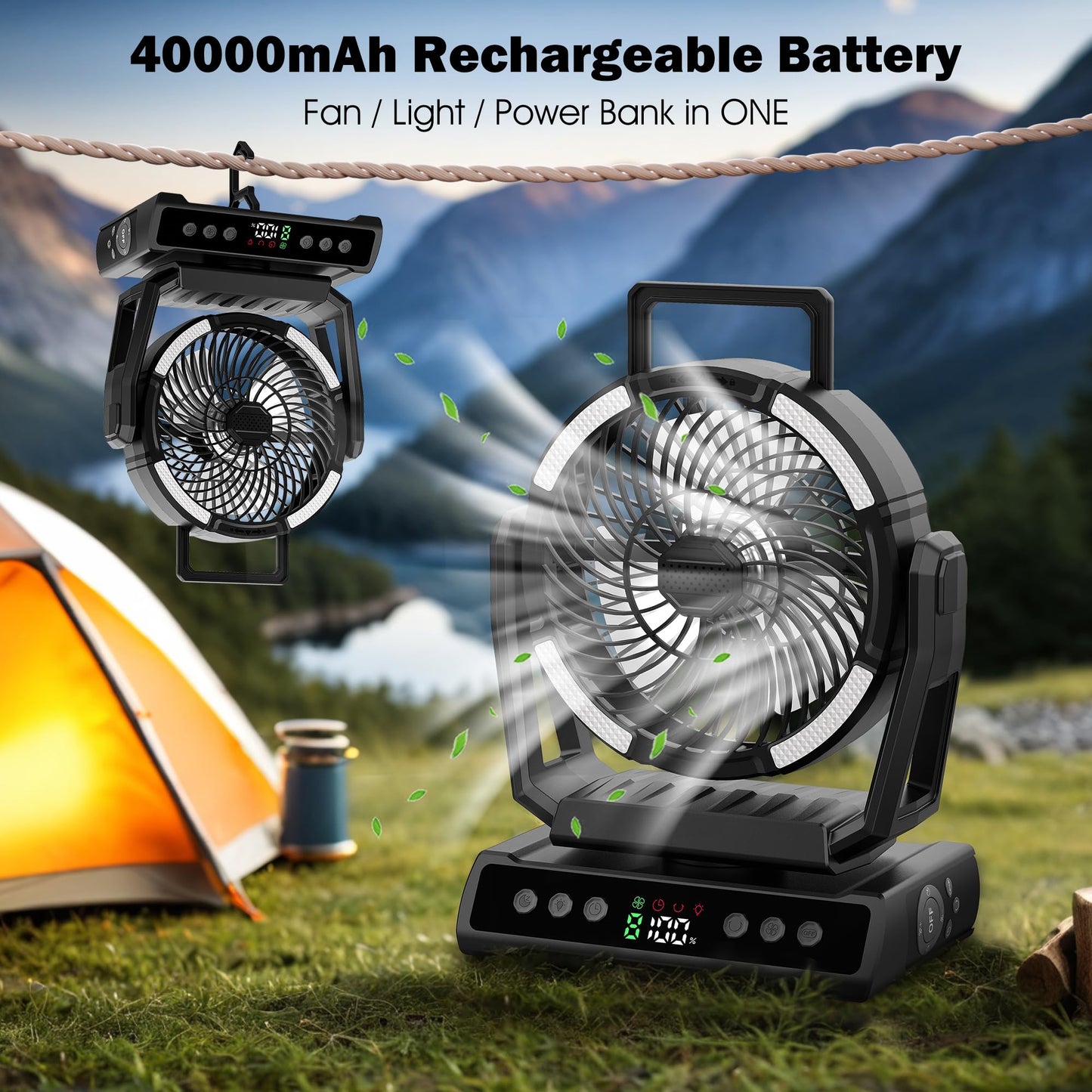 Camping Portable Fan with Light, 40000mAh Rechargeable Cordless Battery Powered Fan, 9 Speed Oscillating Fan with 360° Rotation Hanging Hook for Travel Home Camping Tent Office Beach Desk Fishing