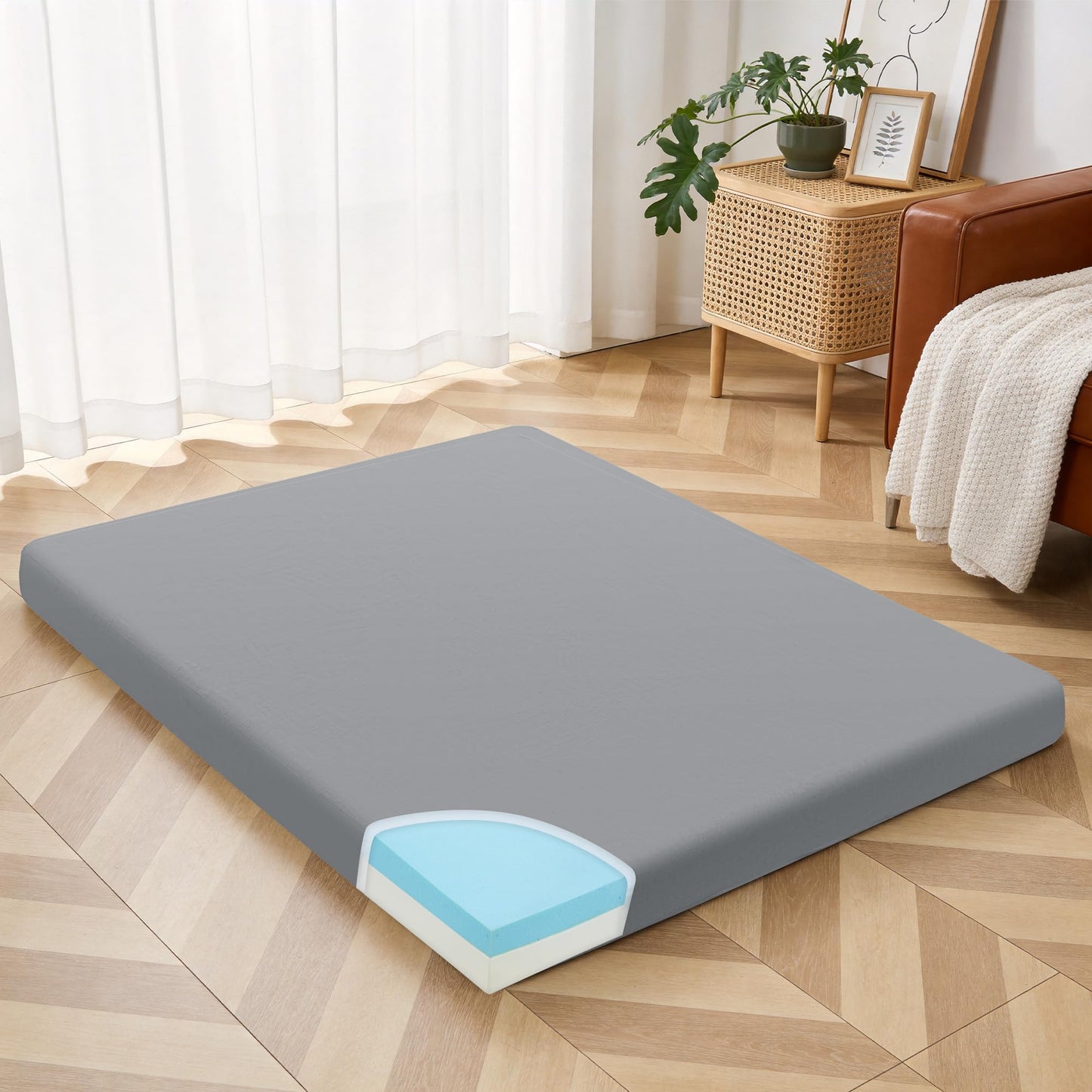 HOMBYS Japanese Floor Mattress Futon, 6" Thick Tatami Sleeping Pad with Memory Foam + High-Density Support Foam, Foldable Roll Up Mat for Adults Kids, Guest Bed Dormitory Tent Camping, Grey