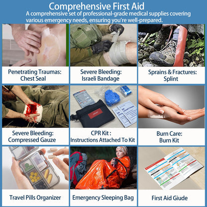 Besst Survivor 401 Piece First Aid Kit with Chest Seals -Labeled, Expandable & Mountable, Emergency Medical Kit for Home, Car, Camping & Outdoor, Waterproof Trauma Kits with Labeled Compartments