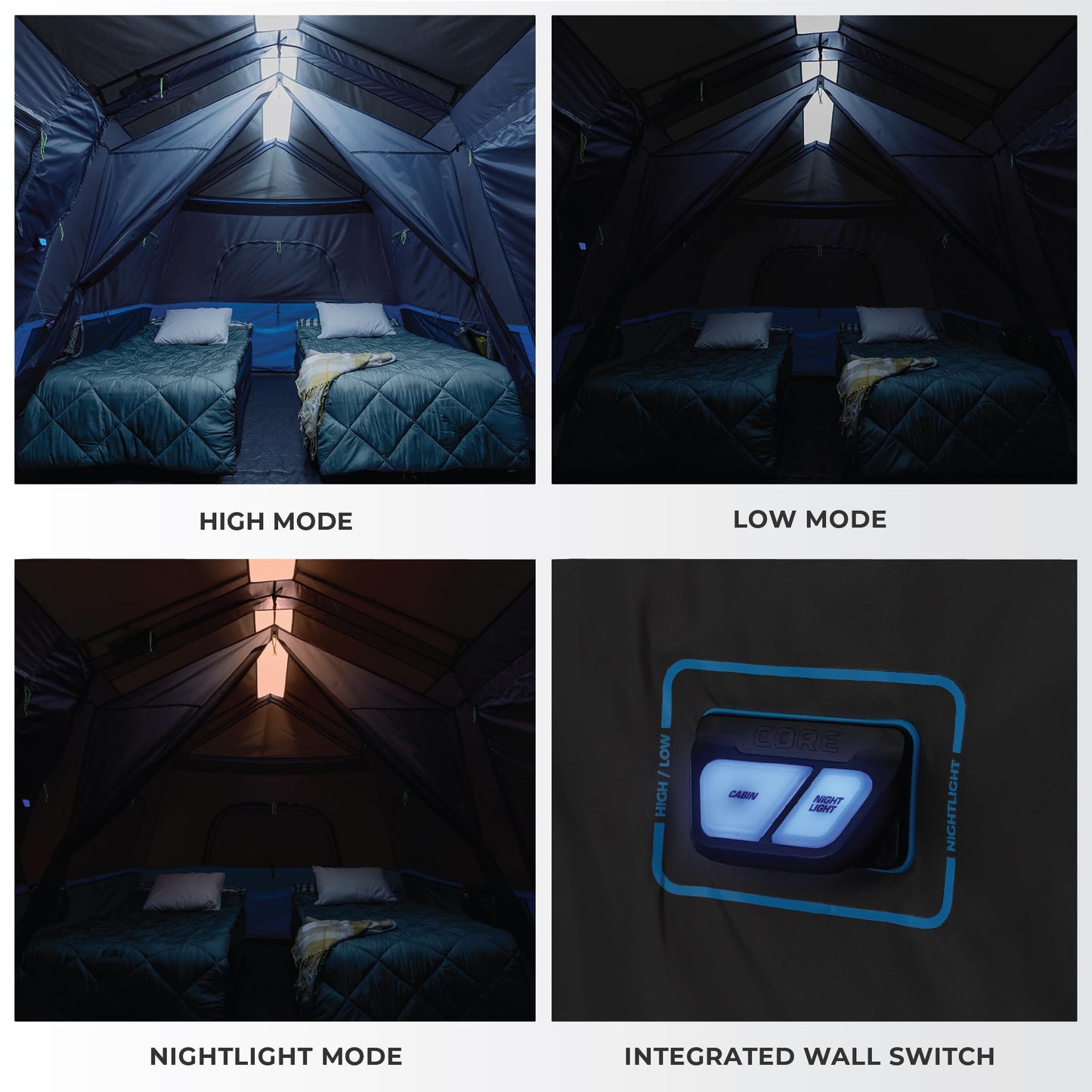 CORE 9 Person Instant Cabin Tent with LED Lights | Large Multi Room Family Lighted Pop Up Tent for 2 Minute Camp Setup | Included Storage Pockets for Camping Accessories