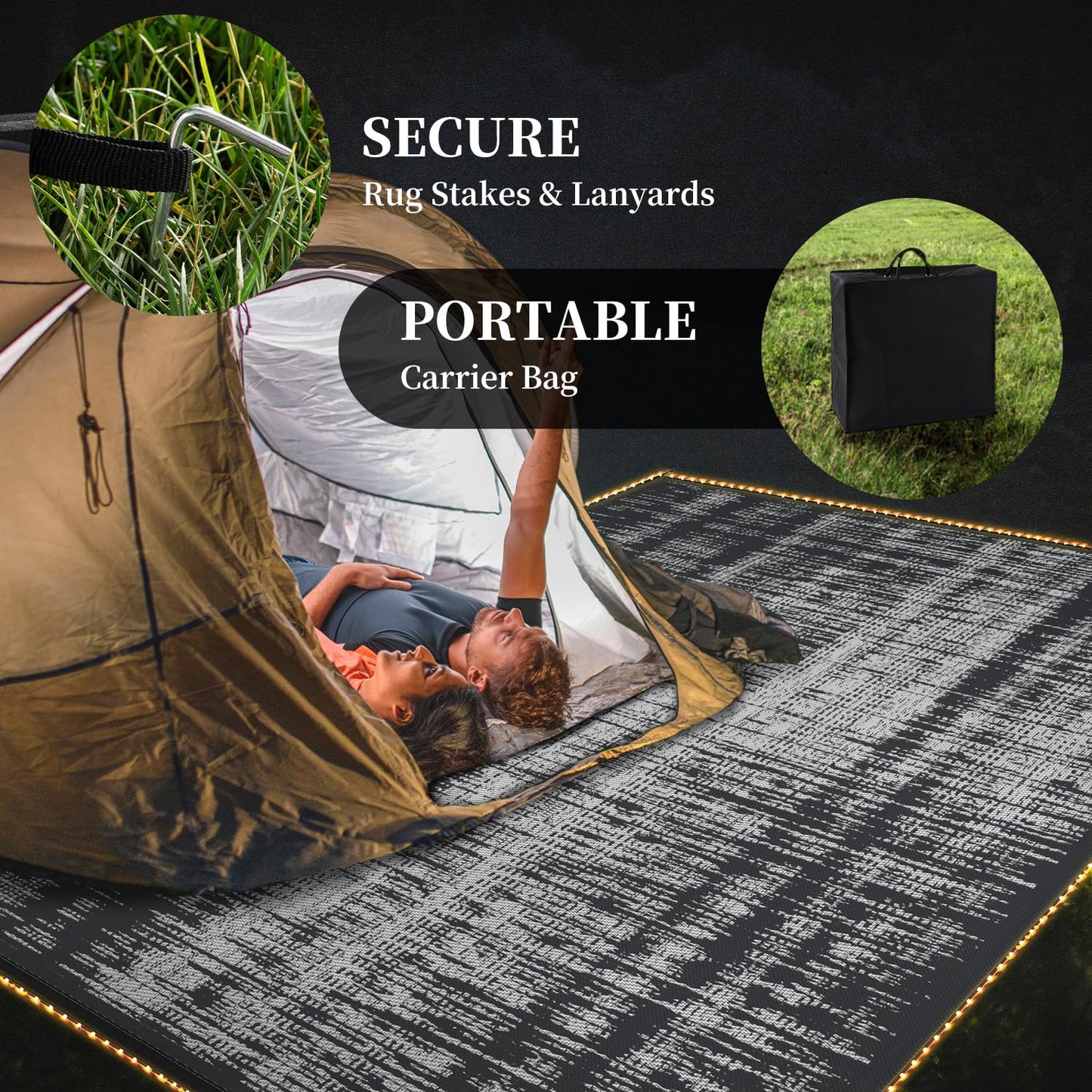 MontVoo Outdoor Rug Waterproof 9x12 ft with Strip Lights Outdoor Patio Rug Mat Reversible Plastic Straw Rug Outside Outdoor Rug for RV Camping Picnic Balcony Backyard