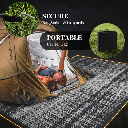 MontVoo Outdoor Rug Waterproof 9x12 ft with Strip Lights Outdoor Patio Rug Mat Reversible Plastic Straw Rug Outside Outdoor Rug for RV Camping Picnic Balcony Backyard