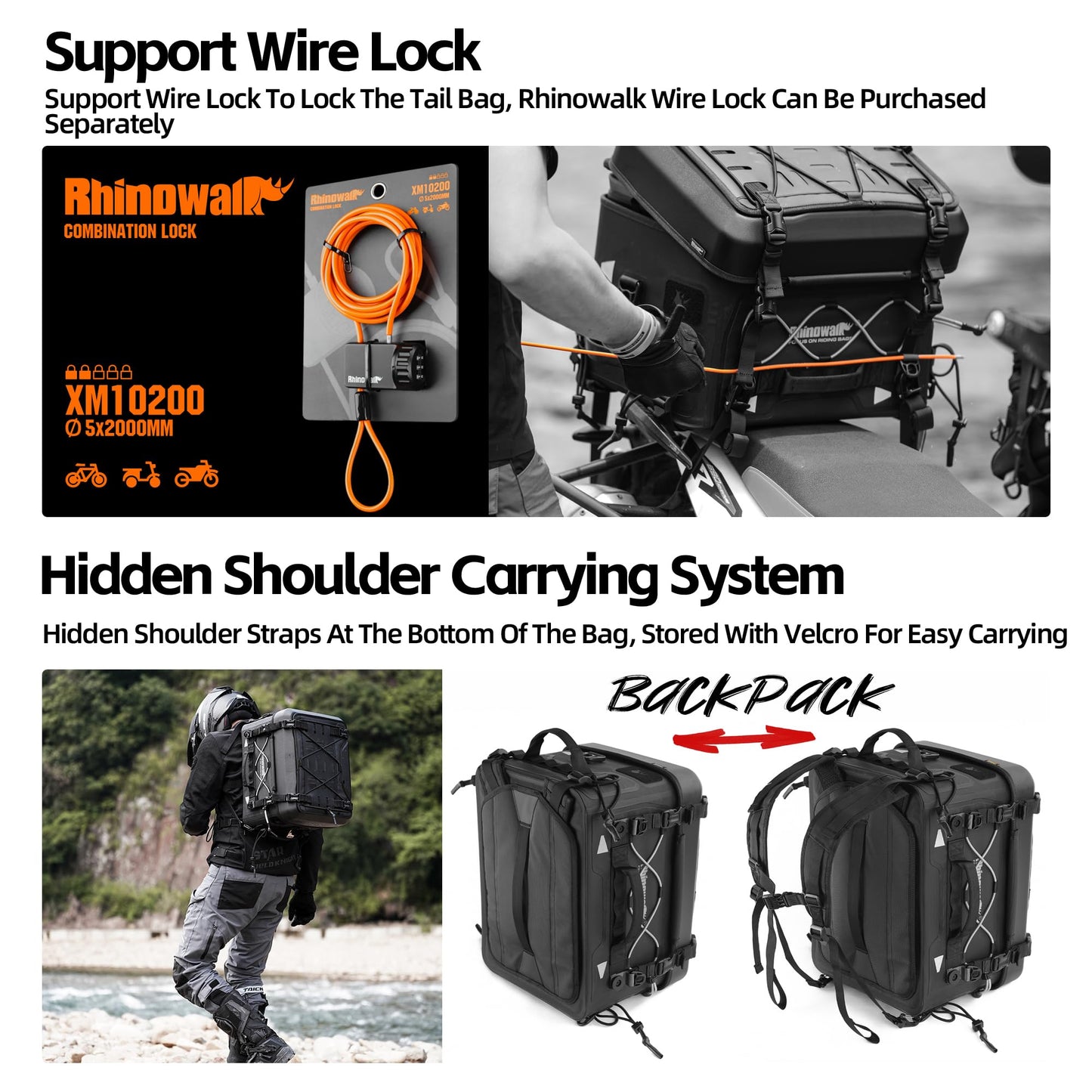 Rhinowalk Motorcycle Tail Bag 36L Multifunctional Waterproof Tactical Motorcycle Travel Luggage Trunk Rack Bag with Sissy Bar Straps-Black