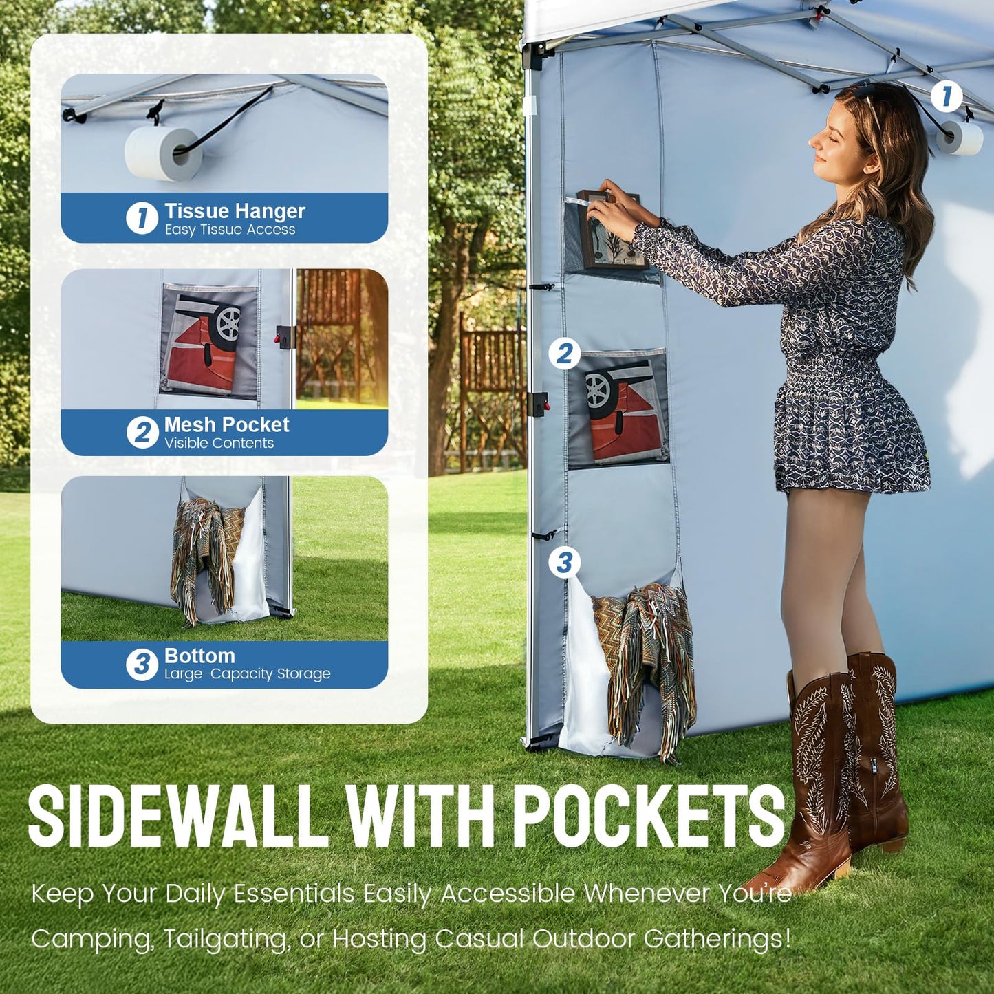 CROWN SHADES Canopy Tent 10x10 Pop Up Canopy Outdoor Shade with Pockets Sidewall, Easy Up Sun Shelter with One Person Set Up Center Lock, Portable Instant Camping Beach Canopy Tents, Grid White