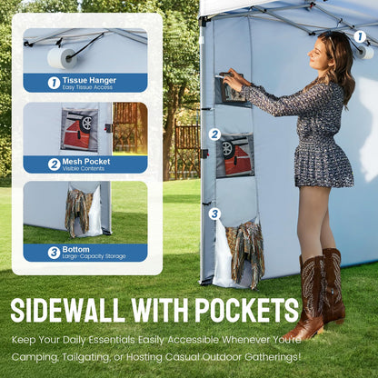 CROWN SHADES Canopy Tent 10x10 Pop Up Canopy Outdoor Shade with Pockets Sidewall, Easy Up Sun Shelter with One Person Set Up Center Lock, Portable Instant Camping Beach Canopy Tents, Grid White