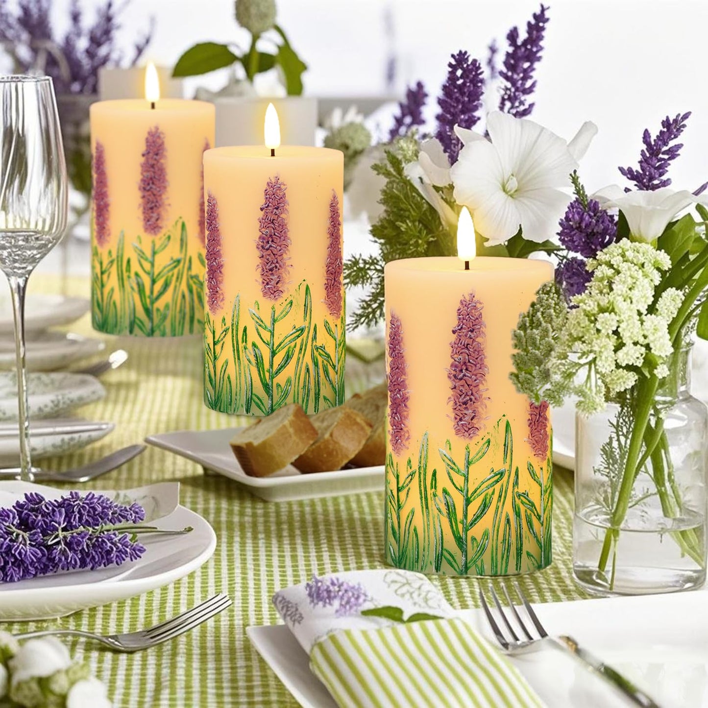 Lasumora Lavender LED Candles with 6H Timer, flameless Candles with Flickering Flame, Waxy Pillar 2 Pack Flickering Unscented Home Holiday Decoration (3 inches x 6.5 inches)