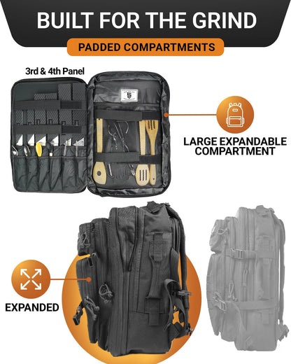 Chef Knife Bag Tactical Backpack XL, 30+ Pocket Knife Carrying Case for Chefs and Culinary Tools, Patented Retention Panels with Hook-and-Loop System, YKK Zippers, Fits 12in Knives