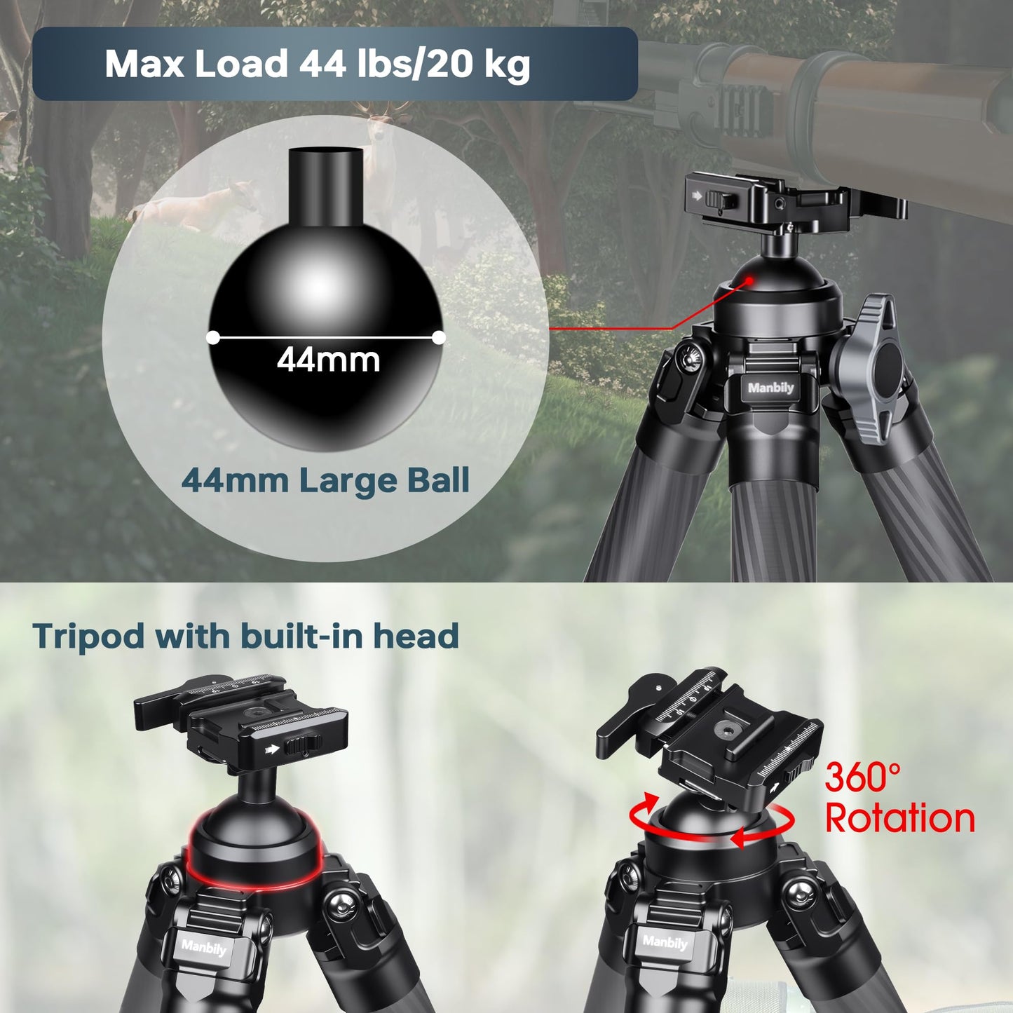 Manbily Carbon Fiber Hunting Tripod, 36mm Thick Leg Shooting Tripod with 360 Degree 44mm Large Ball and Picatinny to Arca Swiss Adapters, Max Load 44 lbs - TS-364PA