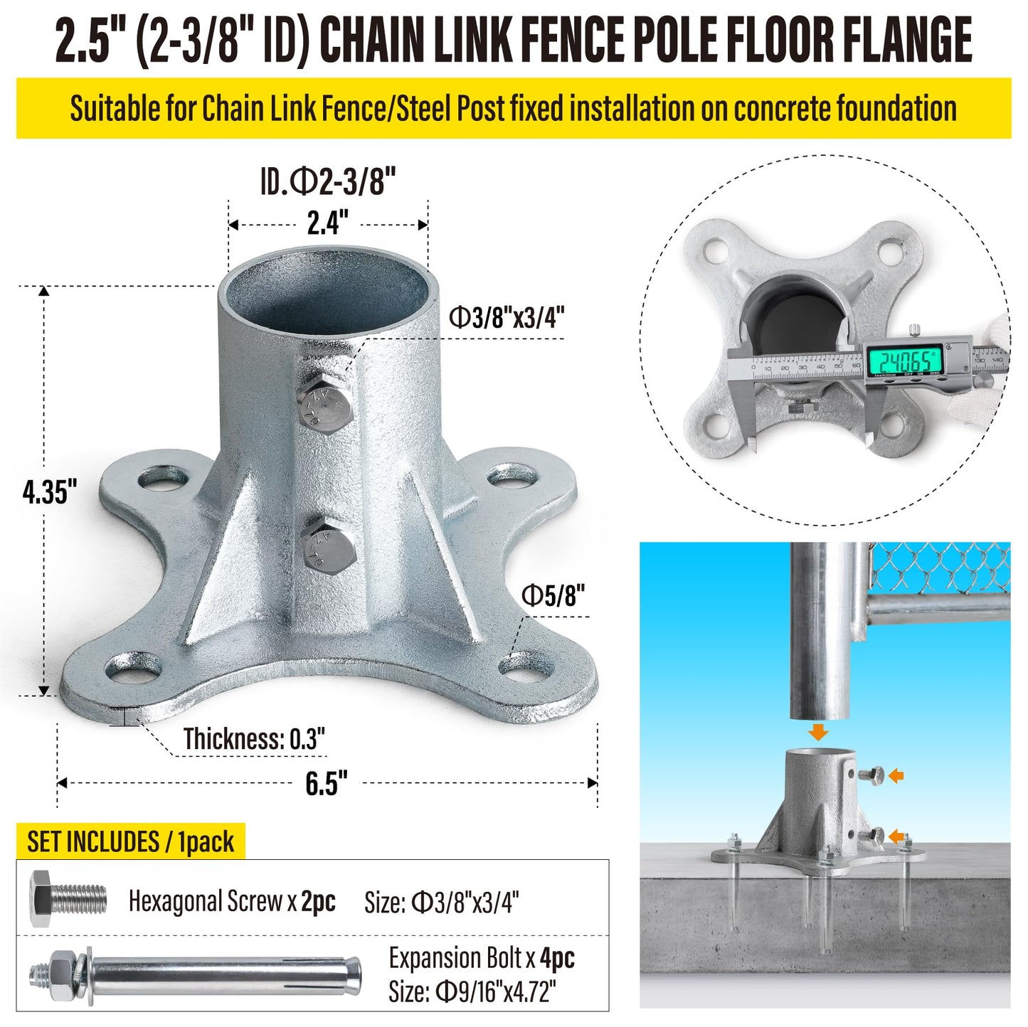 Epcee Post 2.5" (2 3/8" OD) Chain Link Fence Post Floor Flange Bracket, for Chain Link Fence Posts, Mailboxes, and Other Steel Round Post Galvanized Anchor Flange Bases (4 Pack)