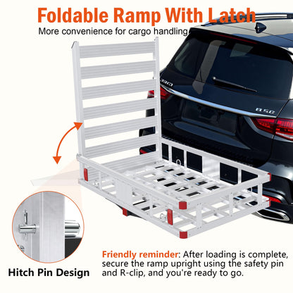Aluminum Hitch Cargo Carrier with Ramp, 50" x 29.5" x 8.7" Trailer Hitch Cargo Carrier Hitchs Mount Cargos Hitchs Carriers, 500lbs Capacity, Fit 2" Receiver for Suvs Trucks Vans Pickups Camping