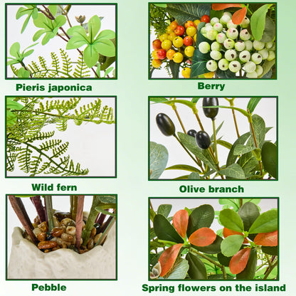 K&Y Realistic Artificial Potted Plants Olive Wild Fern Berry Decor Low Maintenance Faux Greenery Indoor Fake Plants for Home Office Bathroom Kitchen Desk Shelf No Watering Needed (White Vase)