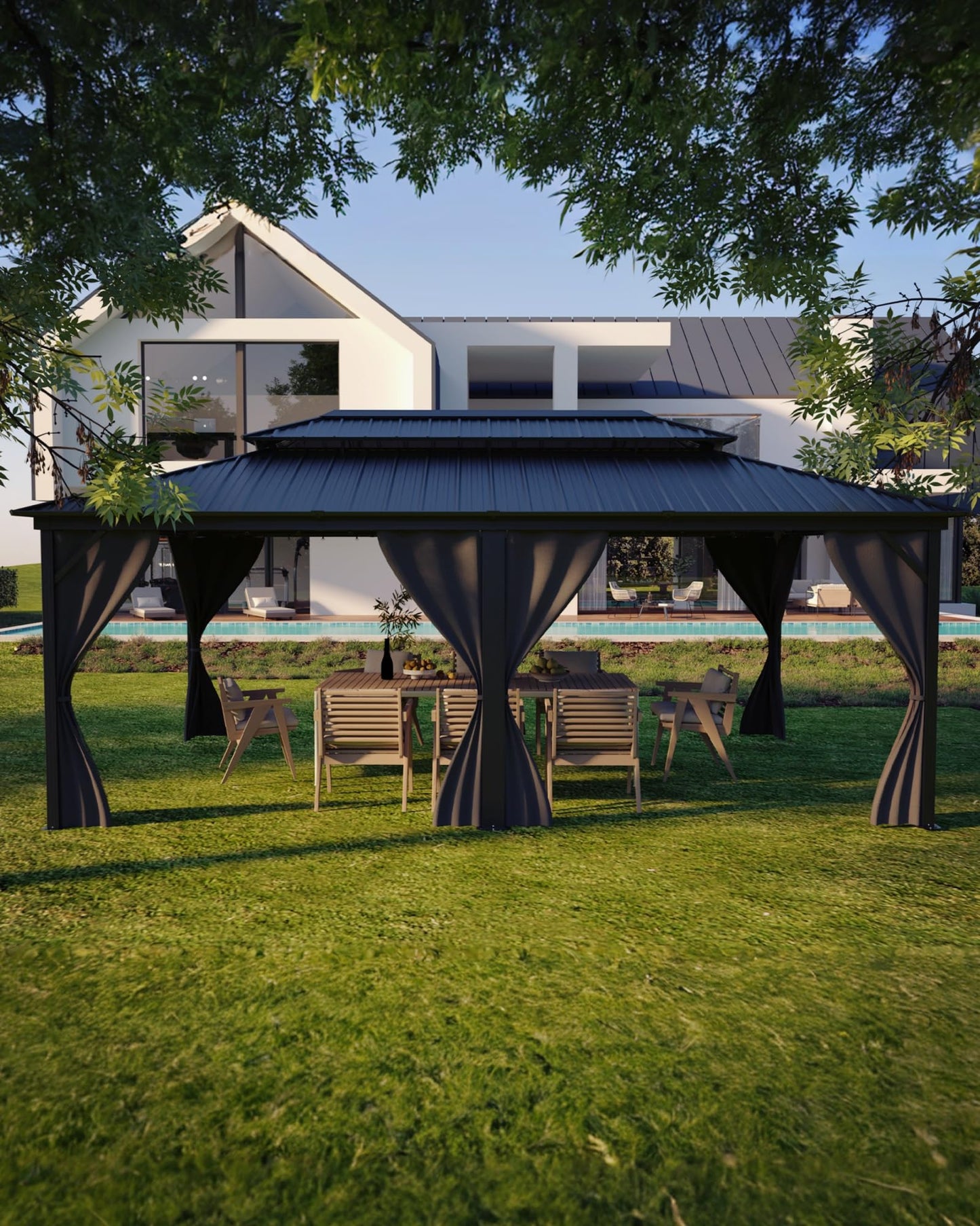 GarveeLife Hardtop Gazebo 12 ft x20 ft for All Weather, with Double Metal Roof, Net, and Curtain, Permanent Building for Patio, Deck, Backyard, Lawn, and Garden