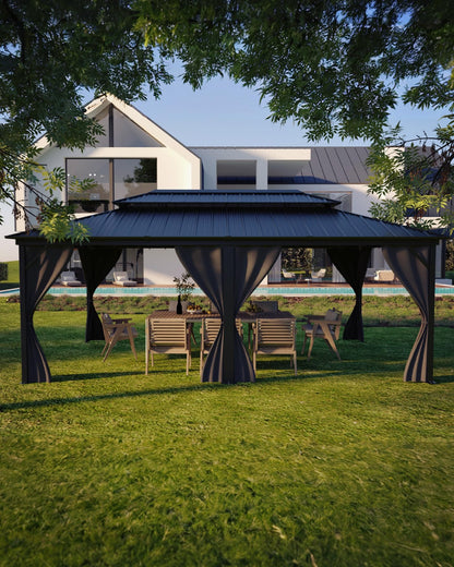 GarveeLife Hardtop Gazebo 12 ft x20 ft for All Weather, with Double Metal Roof, Net, and Curtain, Permanent Building for Patio, Deck, Backyard, Lawn, and Garden