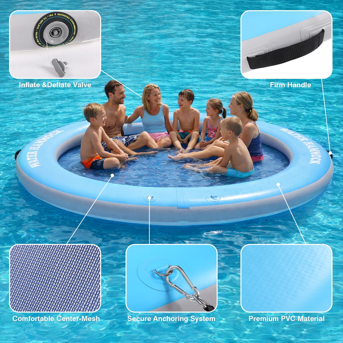 Round Floating Ring Inflatable Water Hammock 8FT & Floating Dock – Adult Air Platform & Island Raft Mat, Sunbathing, Swim Platform, Detachable Ladder & Carry Bag