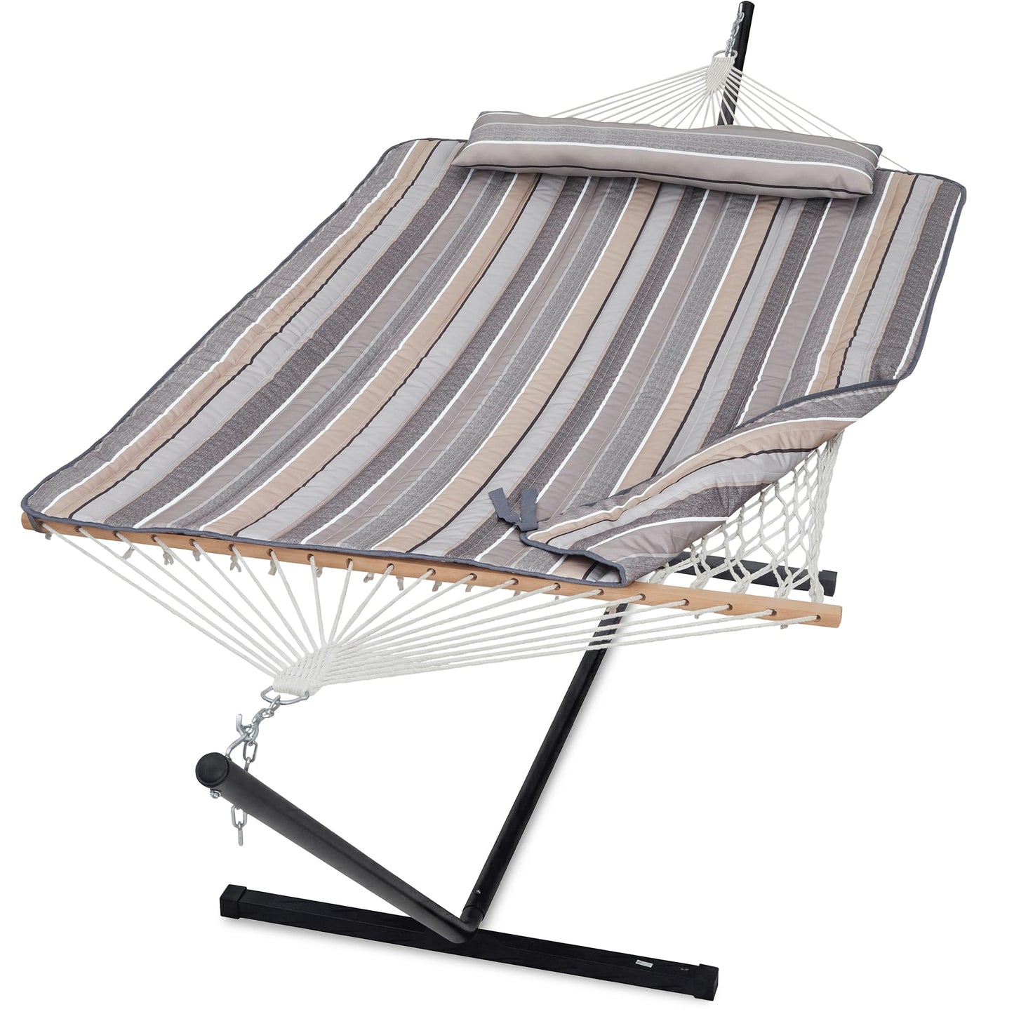 GAFETE 2 Person Hammock with Stand for Outside, 52inch Double Cotton Rope Hammock with Polyester Pad, Heavy Duty Steel Stand, Large Removable Pillow, Storage Bags, Max 475 lbs Capacity (Dove with Pad)