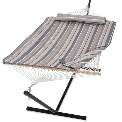 GAFETE 2 Person Hammock with Stand for Outside, 52inch Double Cotton Rope Hammock with Polyester Pad, Heavy Duty Steel Stand, Large Removable Pillow, Storage Bags, Max 475 lbs Capacity (Dove with Pad)