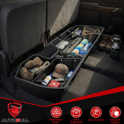 AutoBull Rear Underseat Storage Box For 2019-2026 Chevy Silverado/GMC Sierra 1500,Chevrolet Silverado/Sierra 2500HD 3500HD Double Cab &Crew Cab 2020-2026,Under Seat Storage Organizer w Bin & Mesh Net