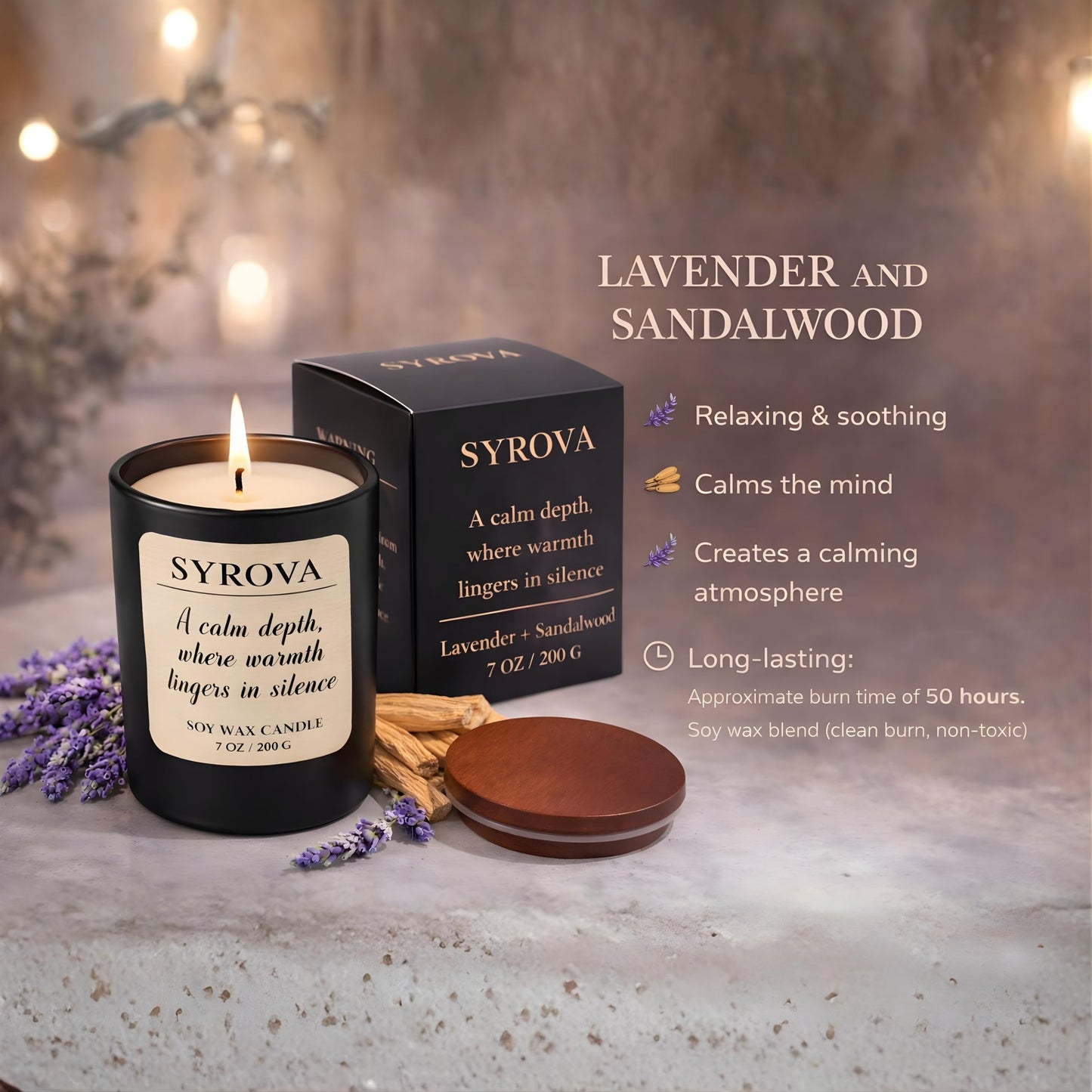 Lavender & Sandalwood Candle, Luxury Scented Soy Candle 7oz, Calming Relaxing Fragrance for Home, Stress Relief & Sleep Aromatherapy Candle, Gift for Women, Long Lasting Jar Candle