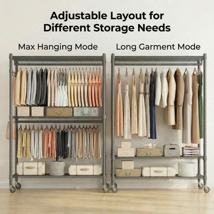 Homdox Rolling Clothes Rack Heavy Duty, 3-Tier Adjustable Wire Shelving Garment Organizer with Double Rods & Hooks, Portable Clothes Rack with Wheels, 17.72" D x 47.24" W x 80.71" H, Grey